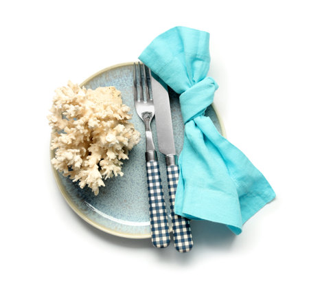 Beautiful table setting with marine coral on white backgroundの写真素材