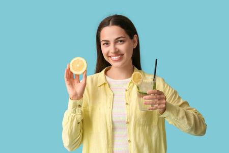 Beautiful young happy woman with lemon half and glass of fresh lemonade on blue backgroundの写真素材