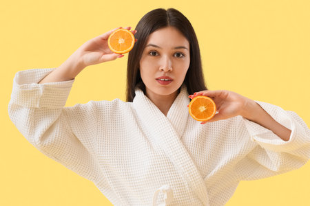 Young Asian woman in bathrobe with orange on yellow backgroundの写真素材
