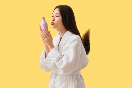 Young Asian woman in bathrobe with shampoo blowing kiss on yellow backgroundの写真素材