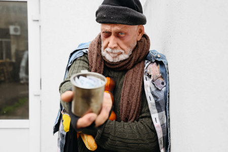 Mature homeless man with food near building on street