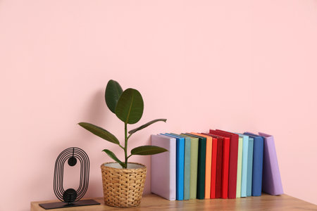 Wooden chest of drawers with books and houseplant near pink wallの写真素材