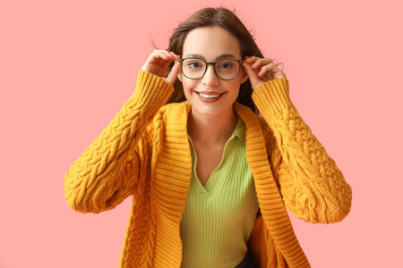 Beautiful young woman in eyeglasses on pink backgroundの写真素材