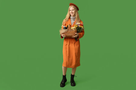Beautiful young happy woman with flowers bouquet, wicker basket of Halloween decorations and pumpkins on green backgroundの写真素材
