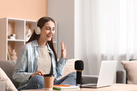 Young woman in headphones with laptop recording podcast at home