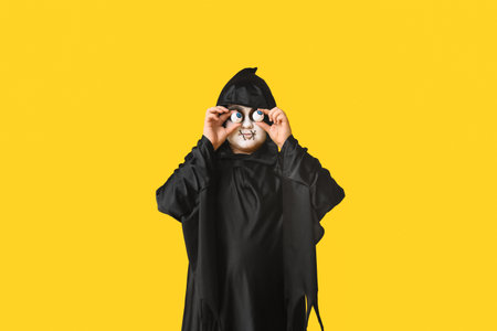 Teenage boy dressed for Halloween with eyeballs on yellow background