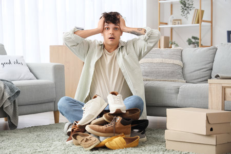 Shocked young man with dirty shoes at homeの写真素材