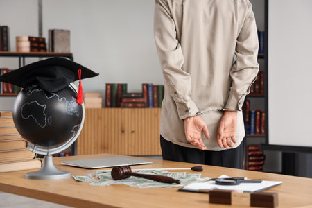 Handcuffed male teacher in classroom, back view. Corruption conceptの写真素材