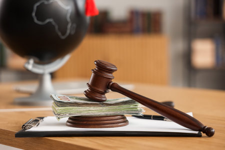Judge's gavel with bribe, handcuffs and clipboard on teacher's table in classroom, closeup. Corruption conceptの写真素材