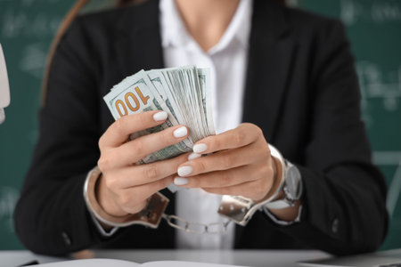 Female teacher with bribe in classroom, closeup. Corruption concept