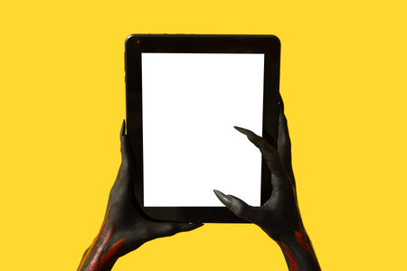 Black witch hands with claws and tablet on yellow background. Halloween celebrationの写真素材