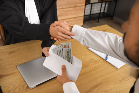Male judge taking bribe from man at table in office, closeup. Corruption conceptの写真素材