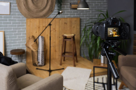 View of standup scene with stool and microphone on camera screen, closeupの写真素材