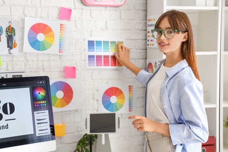 Female graphic designer with color palettes on wall in officeの写真素材