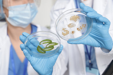 Female scientists with Petri dishes in laboratory, closeupの写真素材