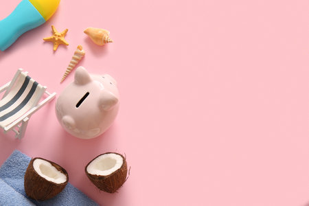 Piggy bank, coconut, seashells, starfish and decorative deckchair on pink backgroundの写真素材