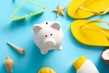 Piggy bank, sunglasses, flip-flops, seashells, sunscreen and starfish on blue background, closeupの写真素材