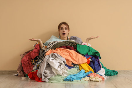 Shocked young woman buried under a pile of dirty laundry on beige background