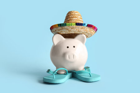 Cute piggy bank in decorative hat and flip-flops on blue background, closeupの写真素材