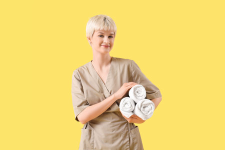 Female massage therapist with towels on yellow backgroundの写真素材