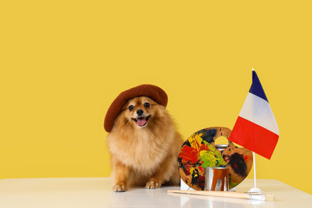Cute Pomeranian dog with flag of France, paints and brushes on table against yellow backgroundの写真素材