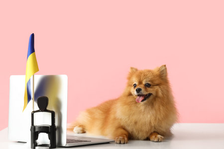 Cute Pomeranian dog with flag of Ukraine, laptop and stamp on table against pink backgroundの写真素材