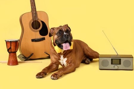 Boxer dog with guitar, drum and radio receiver lying on yellow backgroundの写真素材