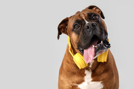 Boxer dog with headphones on light background, closeupの写真素材
