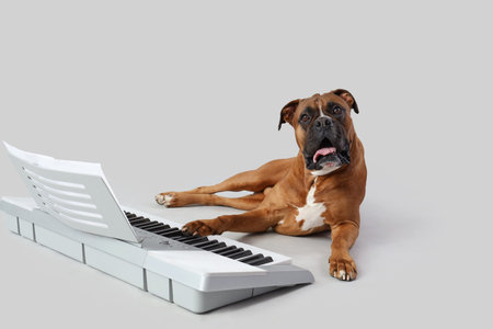 Boxer dog with synthesizer lying on light backgroundの写真素材
