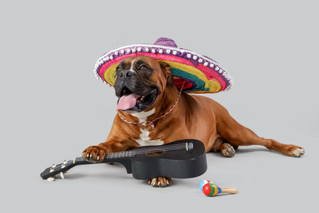Boxer dog in sombrero hat with guitar and maracas on light backgroundの写真素材