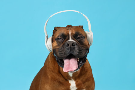 Cute Boxer dog with headphones on blue background, closeupの写真素材