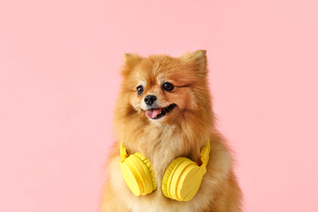 Cute Pomeranian dog with headphones on pink background, closeupの写真素材