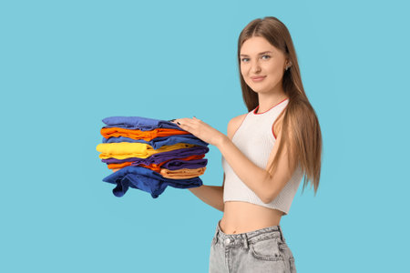 Young woman with stack of colorful clothes on blue backgroundの写真素材