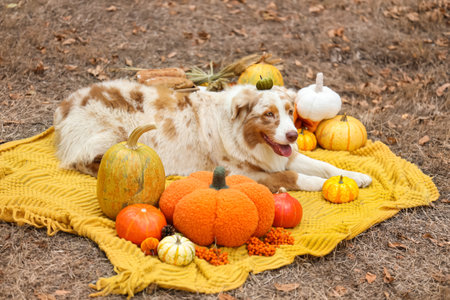 Cute Australian Shepherd dog lying on blanket with pumpkins outdoors. Thanksgiving Day celebrationの写真素材