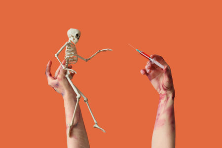 Zombie hands with skeleton and syringe on orange background. Halloween celebrationの写真素材