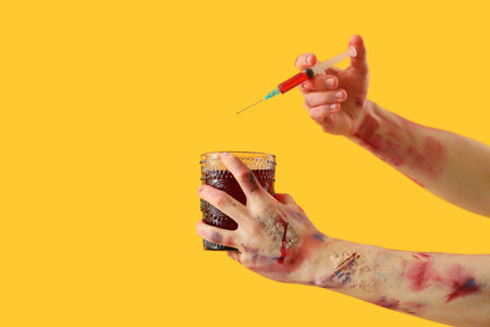 Zombie hands holding syringe and glass of blood on yellow background. Halloween celebrationの写真素材