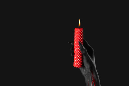 Bloody witch hand with claws and burning wax candle on black background. Halloween celebrationの写真素材