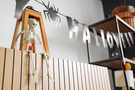 Toy skeleton on commode in living room decorated for Halloween, closeupの写真素材
