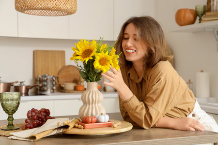 Pretty young woman with autumn flowers, grapes and pumpkins in kitchenの写真素材