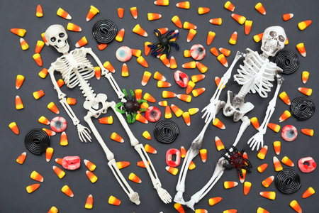 Composition with skeletons and different candies for Halloween on dark backgroundの写真素材