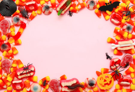 Frame made of different jelly candies and decor for Halloween on pink backgroundの写真素材