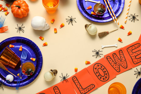 Frame made of sweet treats, tableware and decorations for Halloween party on color backgroundの写真素材
