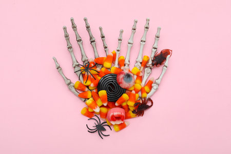 Composition with skeleton hands and different sweets for Halloween on pink background