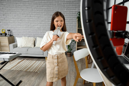 Singing little girl with microphone recording video at homeの写真素材