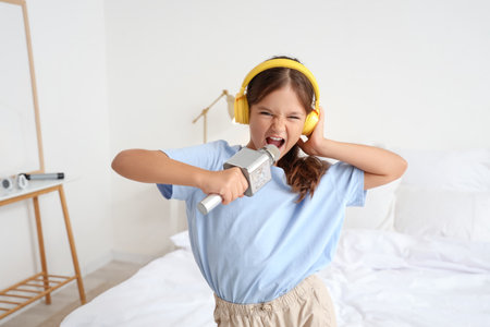 Little girl with headphones and microphone singing in bedroomの写真素材