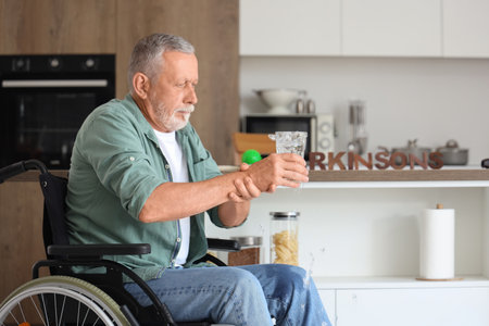 Senior man suffering from Parkinson syndrome in wheelchair spilling water from glass at homeの写真素材