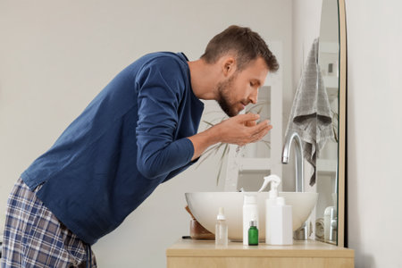 Handsome young man washing his beard after trimming at homeの写真素材