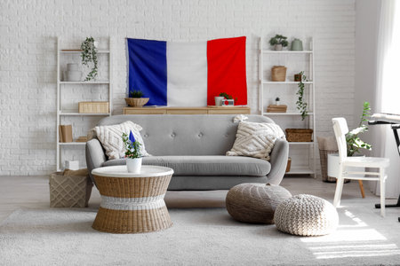Interior of living room with sofa, plants and French flagsの写真素材