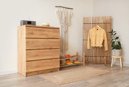 Stylish interior of modern hall with chest of drawers, shoes stand and folding screen with hanging...