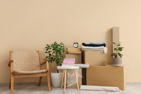 Furniture, houseplants and cardboard boxes with belongings near beige wall. Moving house conceptの写真素材